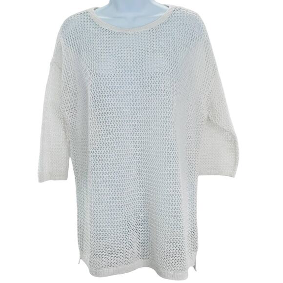 J. JILL White Linen Cotton Open Crochet Knit Half Sleeve Sweater Size Medium - Picture 1 of 11